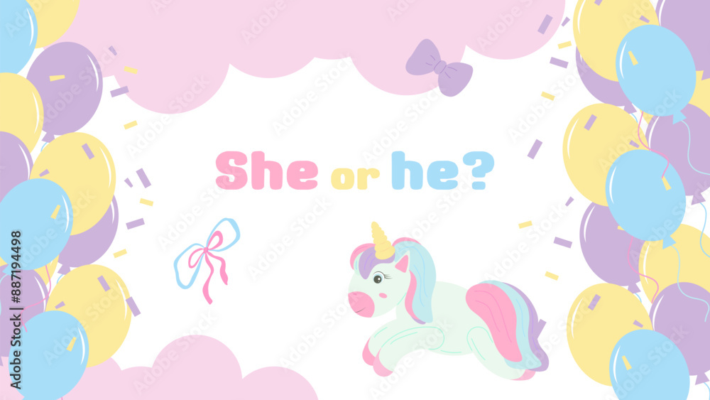 Gender party banner postcard boy or girl. Unicorn balls and clouds. Baby shower invitation template. Vector illustration. Gender party banner postcard boy or girl. Unicorn balls and clouds. Baby shower invitation template. Vector illustration.