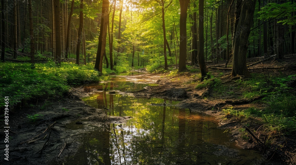 Sunlit Forest Path with Stream Sunlit Forest Path with Stream