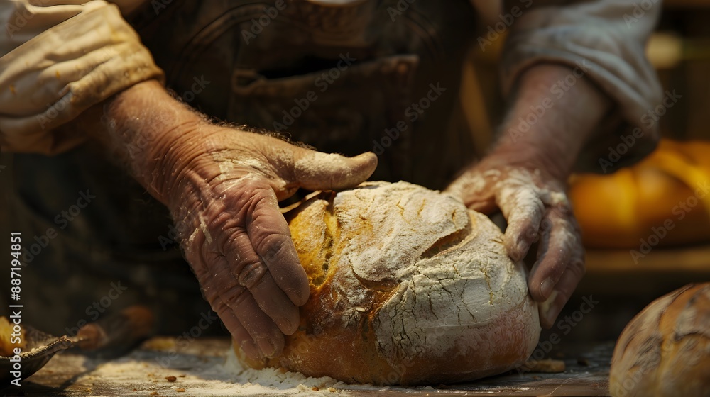 Male hands breaking freshly baked bread, closeup. Male hands breaking freshly baked bread, closeup.