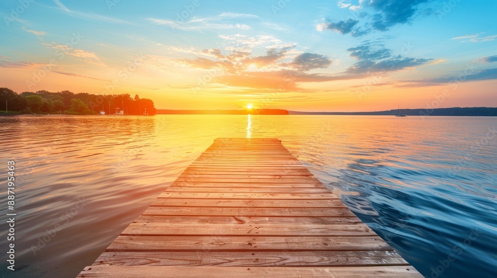 Fototapeta premium Sunset over the Lake with Wooden Pier