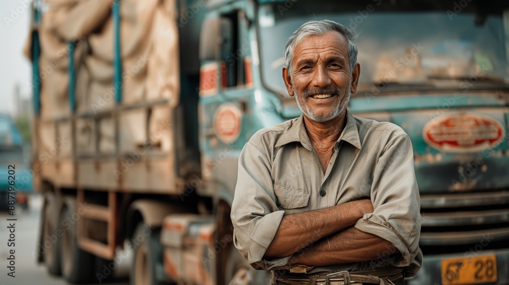 Elderly Bangladeshi Truck Driver Smiling Contentedly in Front of His Truck, Symbolizing Joy and Hard Work in the Transportation Industry Elderly Bangladeshi Truck Driver Smiling Contentedly in Front of His Truck, Symbolizing Joy and Hard Work in the Transportation Industry