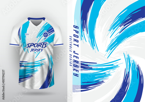 Jersey design, jersey, football, futsal, running, badminton, tennis, exercise, rotating brush pattern, blue and white
