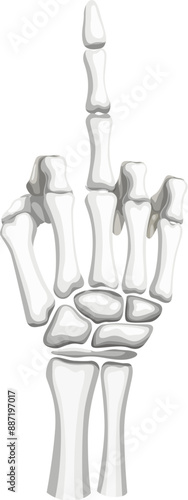 Skeleton hand gesture. Isolated vector skeletal arm defiantly extends its bony middle finger, sign of irreverence and spookiness, conveying a playful yet eerie attitude in spirit of Halloween mischief