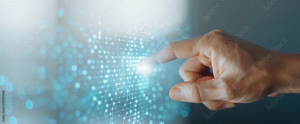 Professional hand on a digital screen in a business context, natural light, open background Professional hand on a digital screen in a business context, natural light, open background