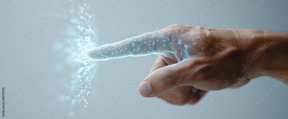 Futuristic business hand interacting with holographic screen, ample copy space, natural light Futuristic business hand interacting with holographic screen, ample copy space, natural light