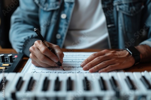 Close-up of a musician composing music, writing notes on sheet music, with a keyboard and music equipment in the foreground.