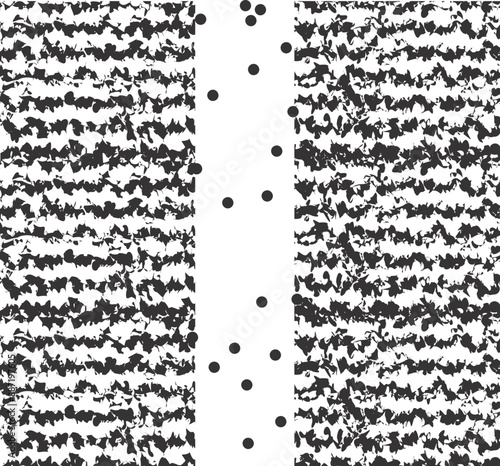 The art is divided into two separate distorted masses. Between them is an empty space and several dots.