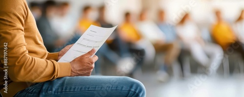 Close-up of a person reading a document during a group meeting with blurred attendees in the background.