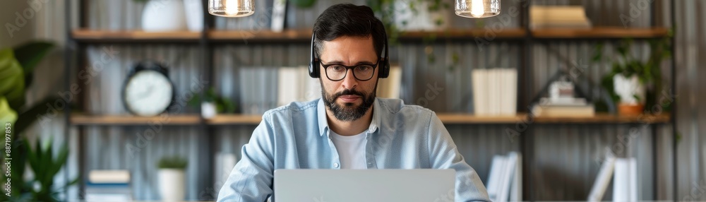 Man wearing a headset and glasses working intently on a laptop in a home office environment with shelves in the background. Man wearing a headset and glasses working intently on a laptop in a home office environment with shelves in the background.