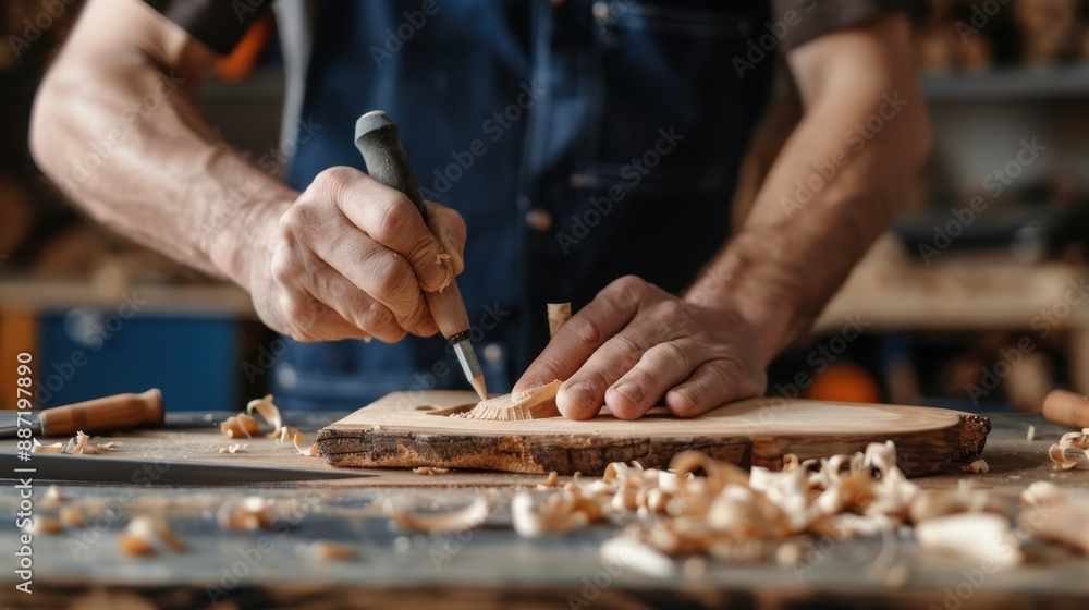 Close-up of a woodworker's hands meticulously carving a design on a wooden board, showcasing detailed craftsmanship and woodworking skills. Close-up of a woodworker's hands meticulously carving a design on a wooden board, showcasing detailed craftsmanship and woodworking skills.