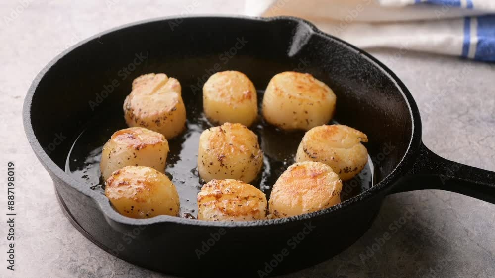 cooking sclallop on iron skillet pan cooking sclallop on iron skillet pan