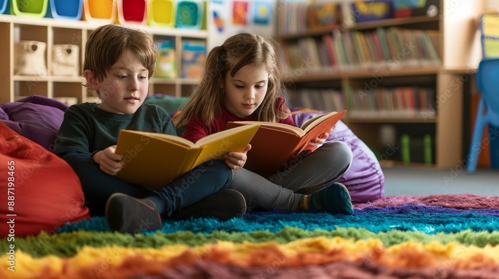Fototapeta premium two kids enjoy reading book at cozy classroom