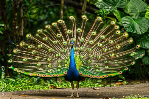 Peacock Displaying Vibrant Plumage in Garden