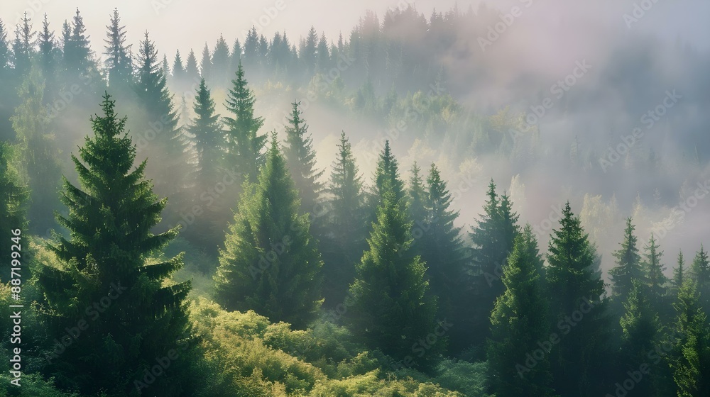 Spruce forest on the hill in morning haze Spruce forest on the hill in morning haze