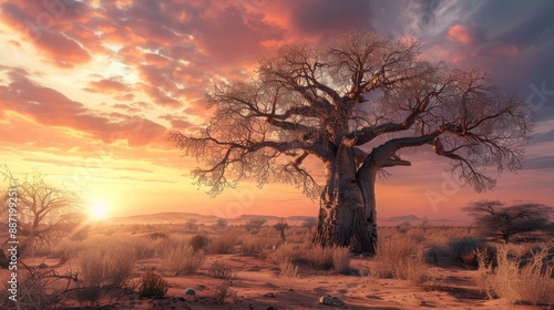 Majestic Baobab Tree at Sunset in African Desert Landscape with Dramatic Sky © gn8