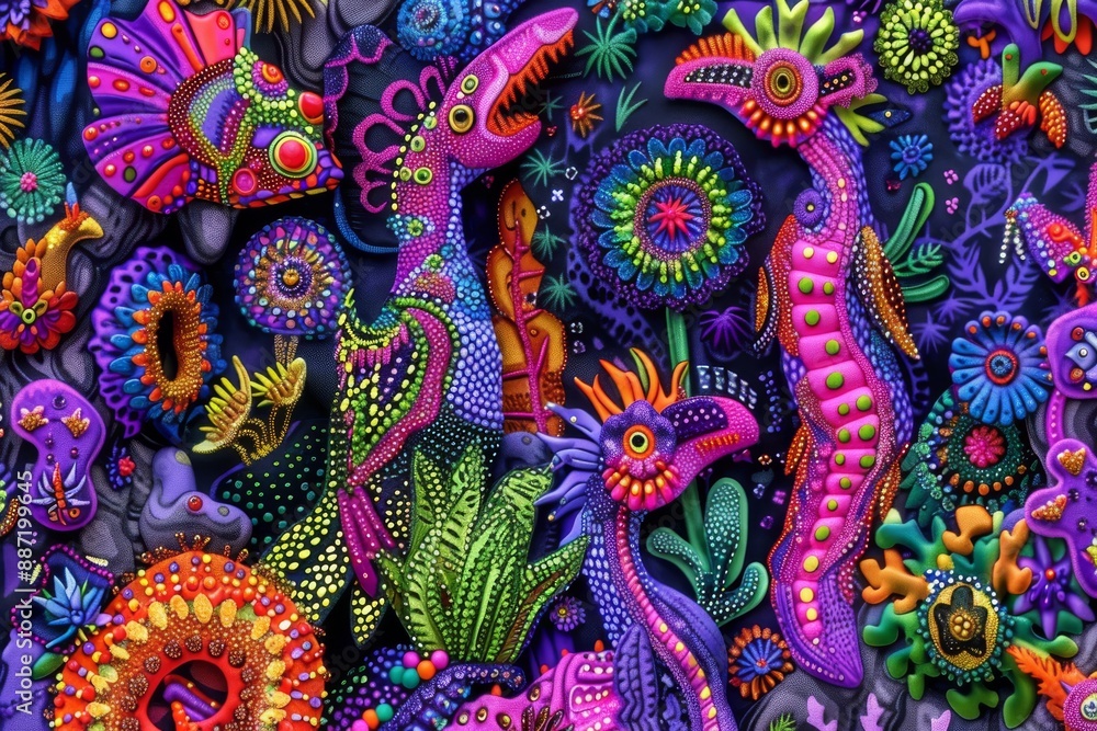 Psychedelic marine life with neon colors and glowing underwater scenery. Psychedelic marine life with neon colors and glowing underwater scenery.