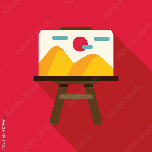 Simple, minimalist painting of a mountain landscape is displayed on a wooden easel
