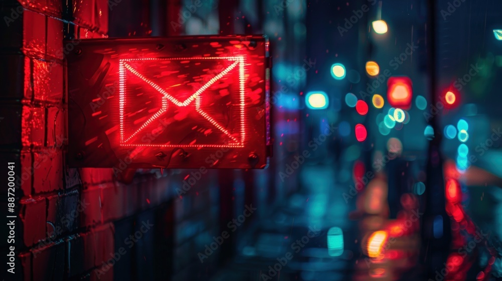 A red glowing email icon on the street at night. Generate AI image A red glowing email icon on the street at night. Generate AI image
