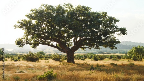 Majestic Kapok Tree in Open Savannah Landscape at Sunset for Nature and Environmental Design
