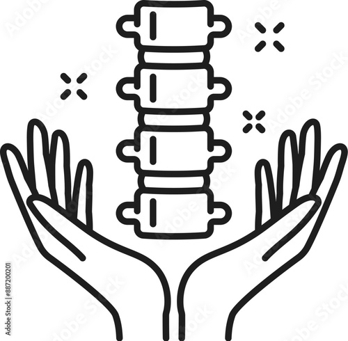 Spine care, chiropractic medicine line icon features linear spinal column in caring hands, indicating medical care or wellness. Isolated vector outline monochrome sign represent back health services