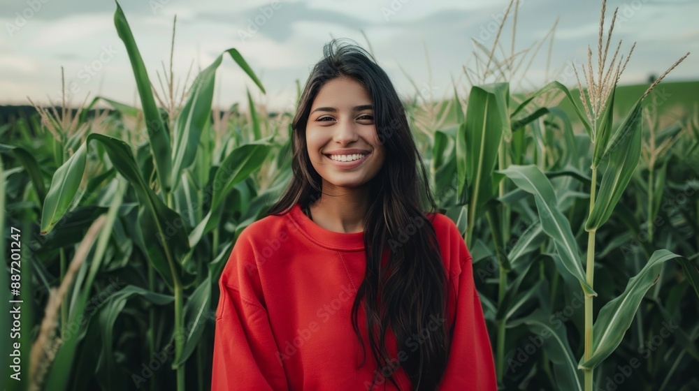 A young woman with long, dark hair, wearing a red sweater, smiles brightly while standing in a field of tall corn stalks A young woman with long, dark hair, wearing a red sweater, smiles brightly while standing in a field of tall corn stalks