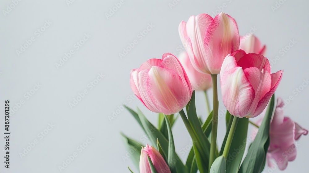 Close up pink tulips on white background with space for text Spring beauty concept Close up pink tulips on white background with space for text Spring beauty concept