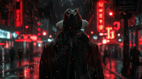 Mysterious Figure in a Rainy Neon Cityscape