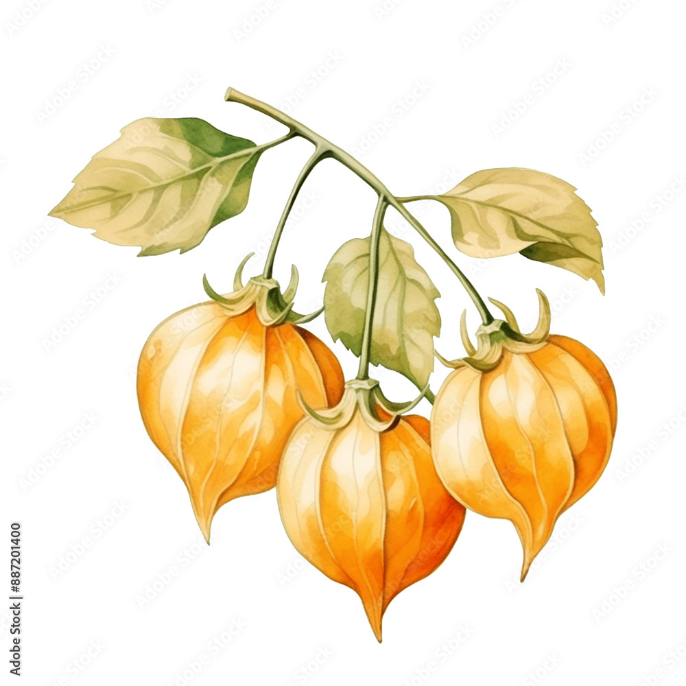 Three Watercolor Physalis Groundcherries on Branch with Leaves Three Watercolor Physalis Groundcherries on Branch with Leaves