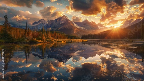 A stunning sunset over the mountains, with clouds. Generate AI image