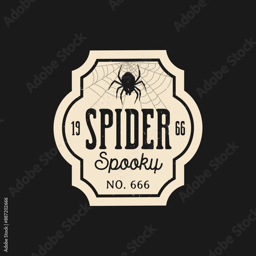 Halloween potion bottle label. Isolated vector vintage eerie emblem adorned with a sinister spider and cobweb. Its spooky aesthetic adds a touch of mystique to wicked concoction for a haunting display