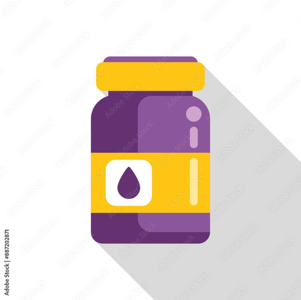 Cartoon illustration of a purple medicine bottle with a yellow label containing liquid drops, promoting health and wellness Cartoon illustration of a purple medicine bottle with a yellow label containing liquid drops, promoting health and wellness