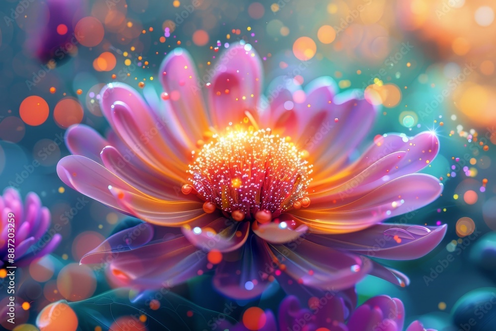 Glowing neon flower with vibrant colors and abstract patterns in a digital surreal scene. Glowing neon flower with vibrant colors and abstract patterns in a digital surreal scene.