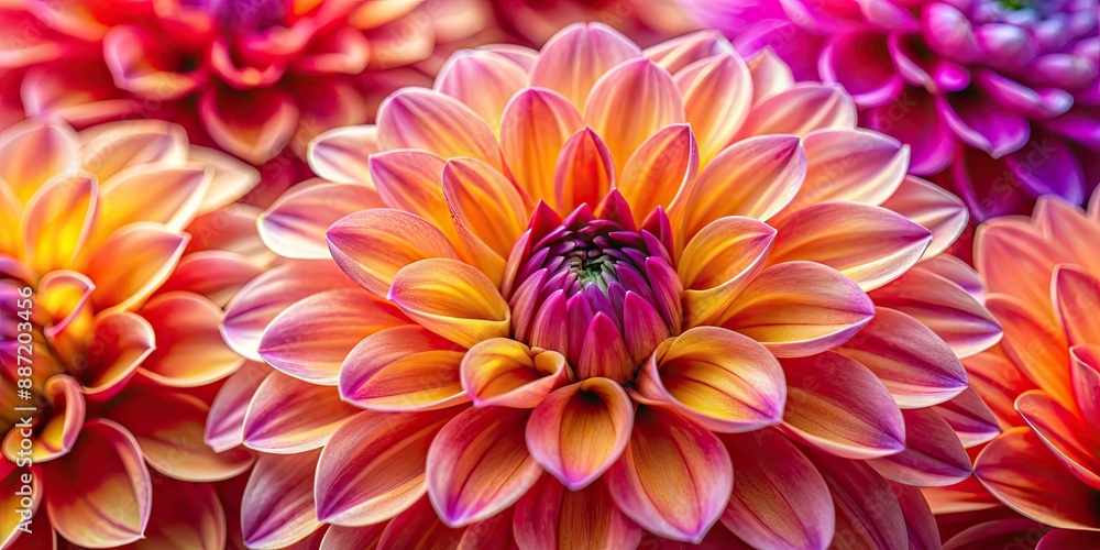 Macro view of brightly colored dahlia petals, yellow, pink, salmon, floral, close-up, vibrant, garden, nature, beautiful Macro view of brightly colored dahlia petals, yellow, pink, salmon, floral, close-up, vibrant, garden, nature, beautiful