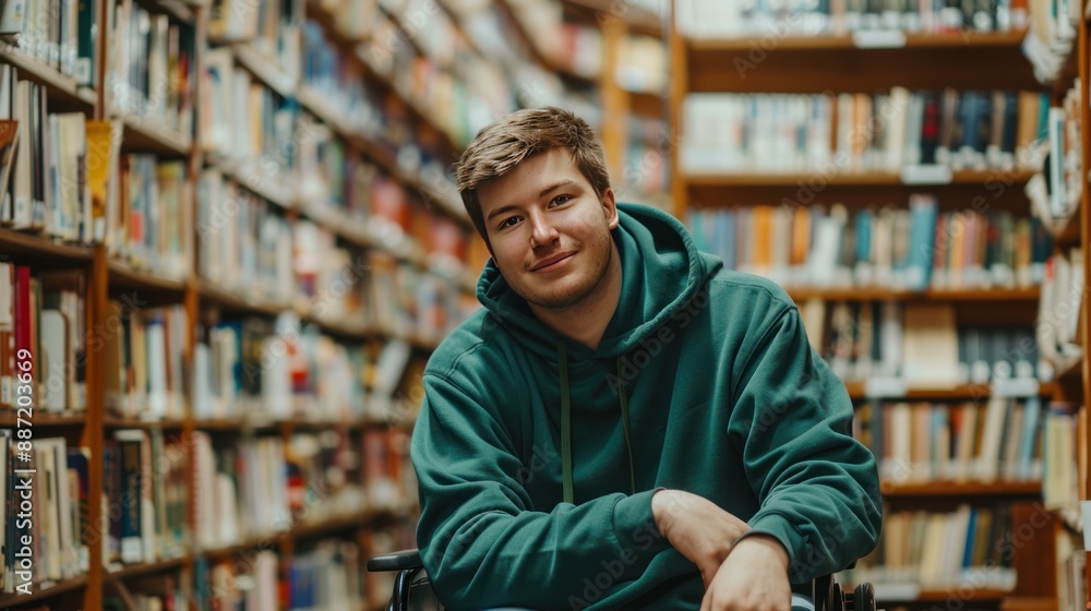 A man in a green hoodie sits in a library. Generate AI image A man in a green hoodie sits in a library. Generate AI image