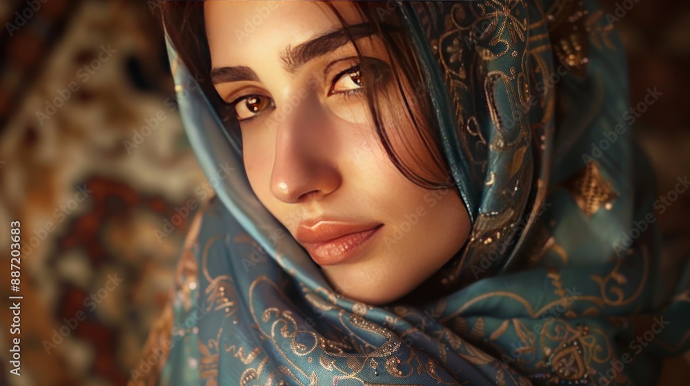 A woman wearing a blue scarf with gold embroidery. Generate AI image A woman wearing a blue scarf with gold embroidery. Generate AI image