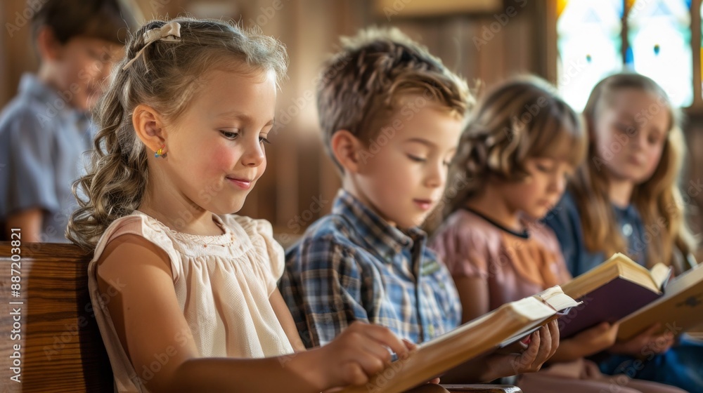 A group of young children sit in pews, listening intently as they read from their Bibles. The warm sunlight streams in from stained glass windows, creating a serene atmosphere in the church. A group of young children sit in pews, listening intently as they read from their Bibles. The warm sunlight streams in from stained glass windows, creating a serene atmosphere in the church.