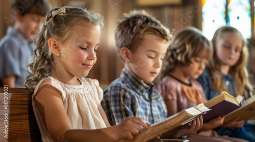 A group of young children sit in pews, listening intently as they read from their Bibles. The warm sunlight streams in from stained glass windows, creating a serene atmosphere in the church.