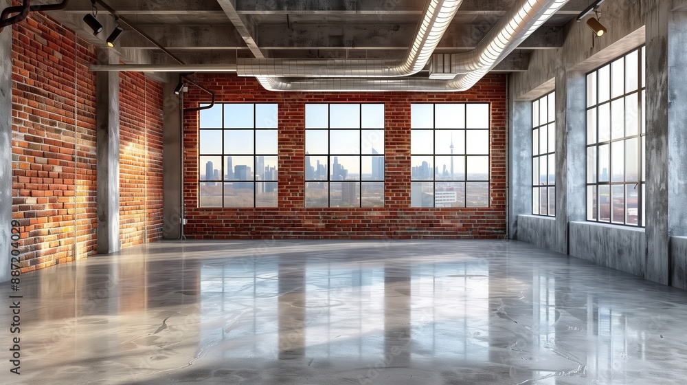 Sleek, empty room with polished concrete floor and vintage red bricks on the walls, featuring large windows for natural light Sleek, empty room with polished concrete floor and vintage red bricks on the walls, featuring large windows for natural light