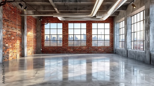 Wallpaper Mural Sleek, empty room with polished concrete floor and vintage red bricks on the walls, featuring large windows for natural light Torontodigital.ca