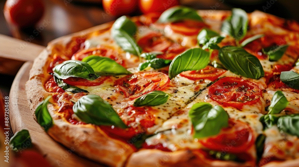 Delicious vegetable and basil pizza on table in close up Delicious vegetable and basil pizza on table in close up