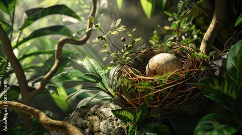 A bird is sitting on a nest with an egg inside. The nest is made of twigs and grass.