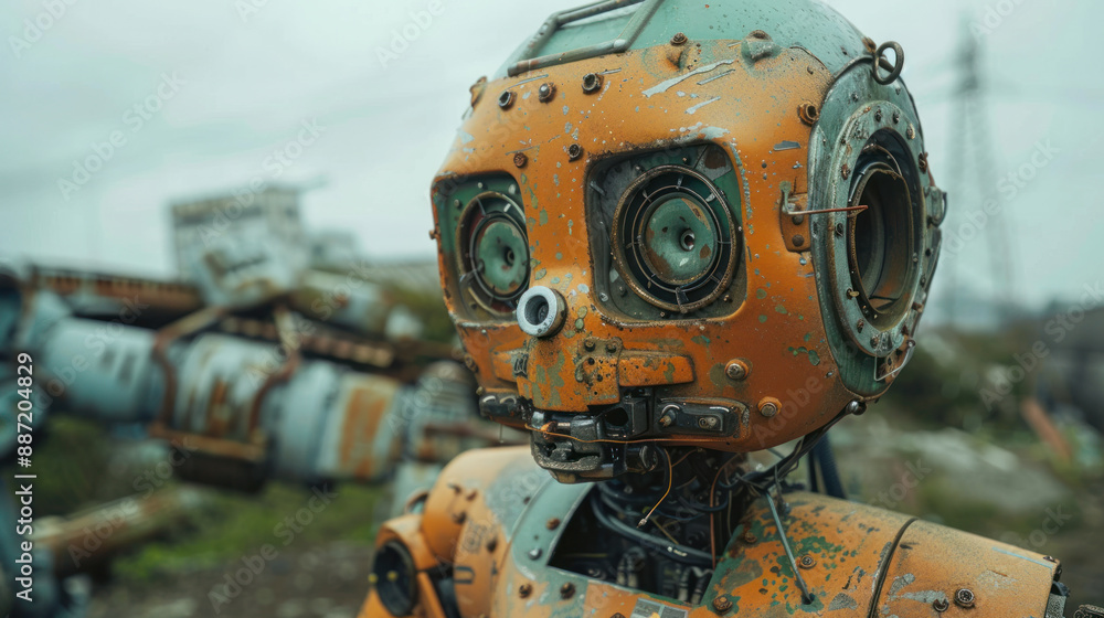 Rusty Orange Robot in a Post-Apocalyptic Junkyard Rusty Orange Robot in a Post-Apocalyptic Junkyard