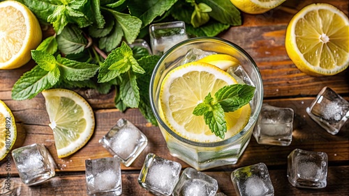 Ice cubes with slices of fresh lemon and mint leaves , ice cubes, lemon, mint, refreshing, cool, summer, citrus, beverage photo