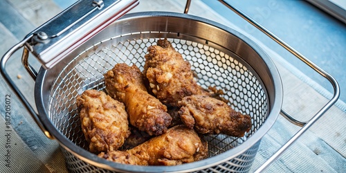 Fried chicken drumsticks being cooked in a deep fryer basket , crispy, delicious, golden brown, hot, deep fried, food, cooking