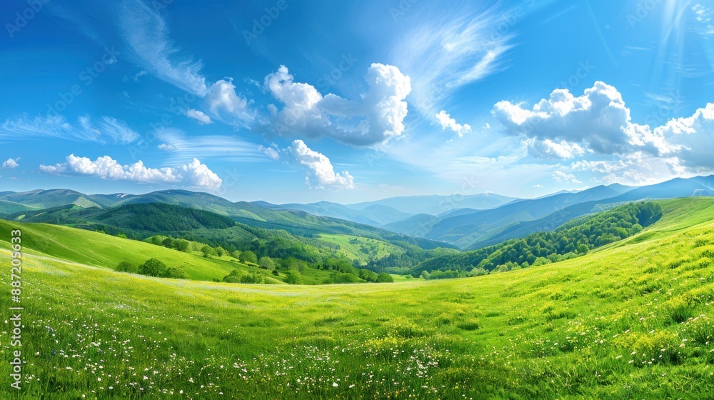 A large, open field with a bright blue sky and fluffy clouds. Generate AI image A large, open field with a bright blue sky and fluffy clouds. Generate AI image