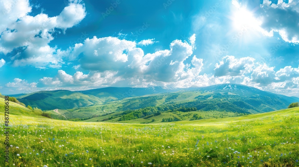 Fototapeta premium A large, open field with a bright blue sky and fluffy clouds. Generate AI image