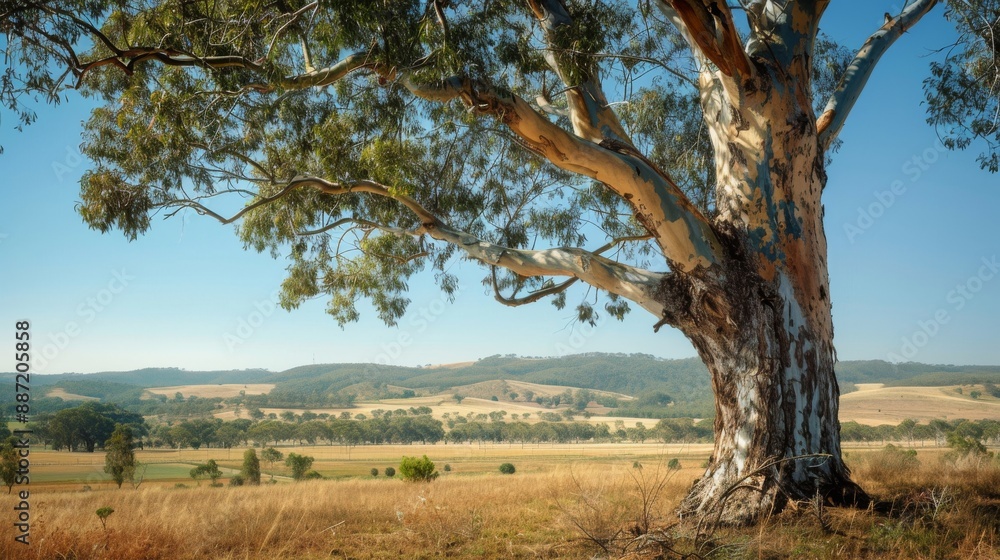 Idyllic Countryside Landscape with Majestic Eucalyptus Tree in Open Field on Sunny Day Idyllic Countryside Landscape with Majestic Eucalyptus Tree in Open Field on Sunny Day