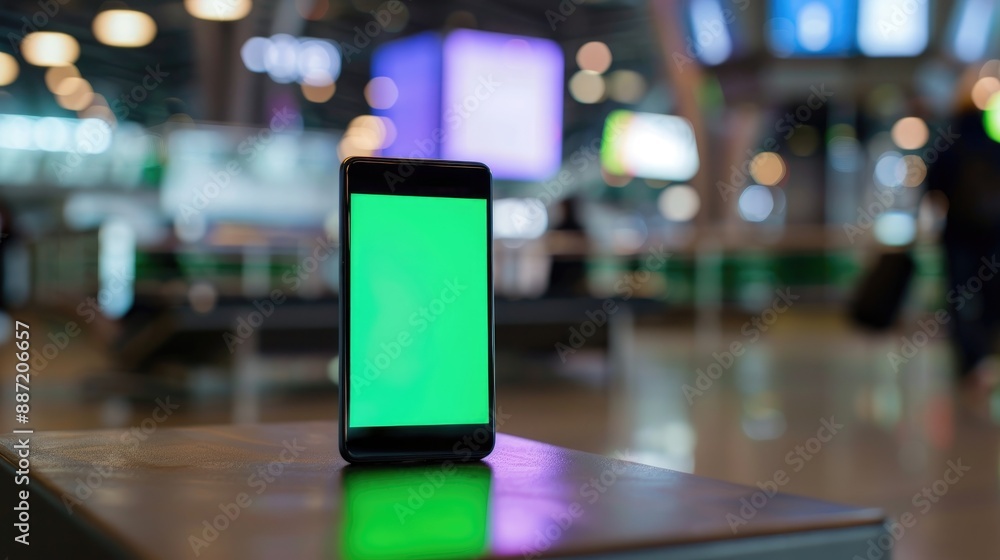 Phone with touch screen next to green copy Blurred airport terminal in background Phone with touch screen next to green copy Blurred airport terminal in background