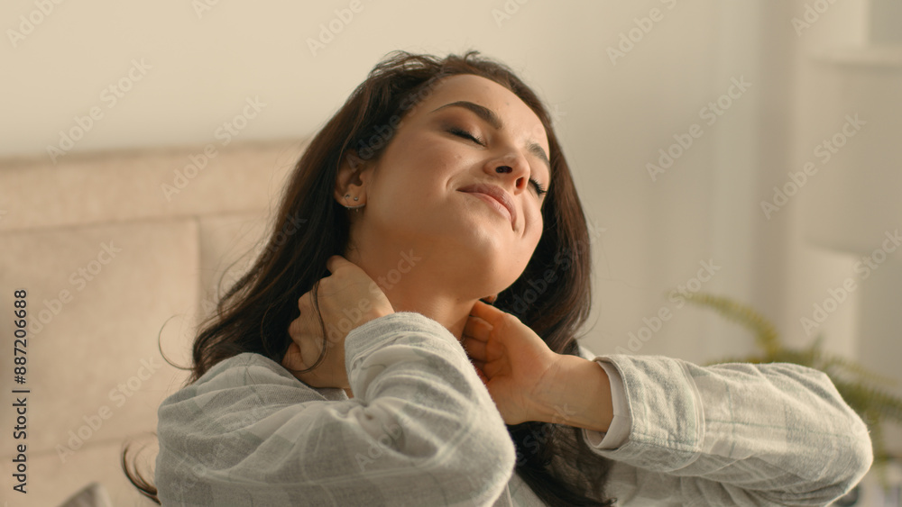 Close up woman touch neck stretching awakening good morning massaging girl home bedroom bed female weekend relax resting dreamy wellness smiling satisfaction pleasure cozy hotel delight homeowner glad Close up woman touch neck stretching awakening good morning massaging girl home bedroom bed female weekend relax resting dreamy wellness smiling satisfaction pleasure cozy hotel delight homeowner glad