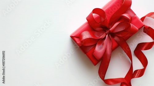 Red ribbon tied around a present box White background